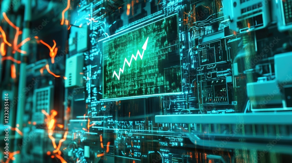 Poster digital circuit board shows upward trending graph