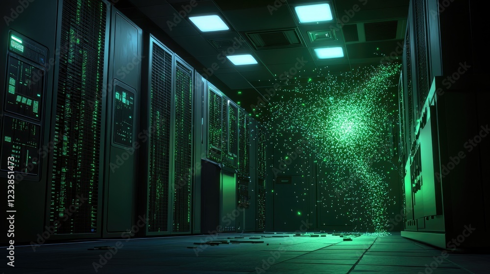 Poster green data server room with data loss