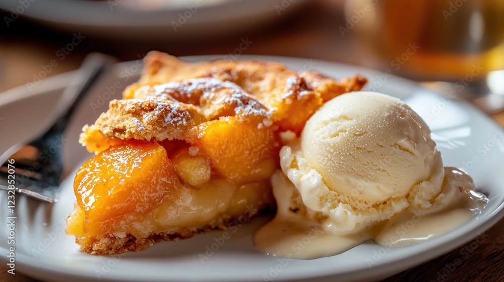 Poster slice of peach pie on a white plate with a scoop of vanilla ice cream on the side. the pie has a gol