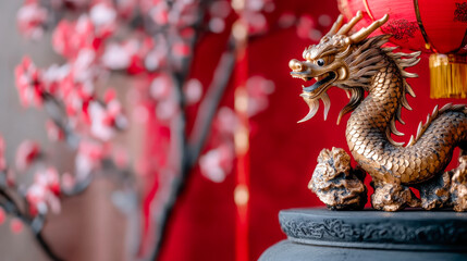 Obraz premium Decorative dragon sculpture beside red lantern and cherry blossom branches during festive celebration