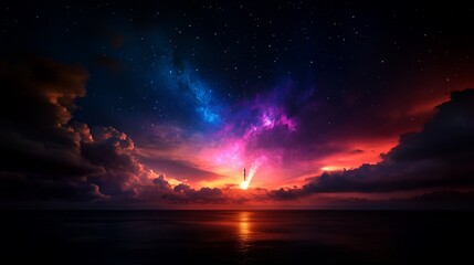 Fototapeta premium Cosmic Sunset: A Rocket's fiery trail across a starlit ocean