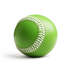 close up of a bright green baseball with white stitching on a white background