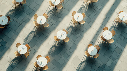 Top-down view of an urban plaza with neatly arranged circular tables and chairs, each casting...