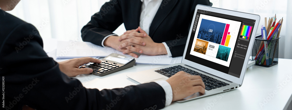 Aufkleber graphic designer software for modern design of web page and commercial brisk ads showing on the comp