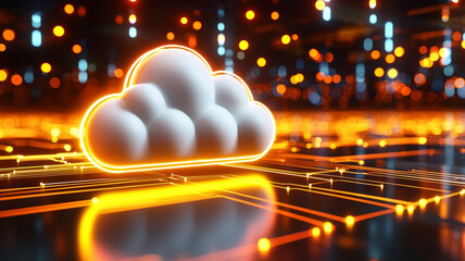 A digital cloud symbol illuminated against a backdrop of vibrant orange and blue circuitry, representing technology and connectivity