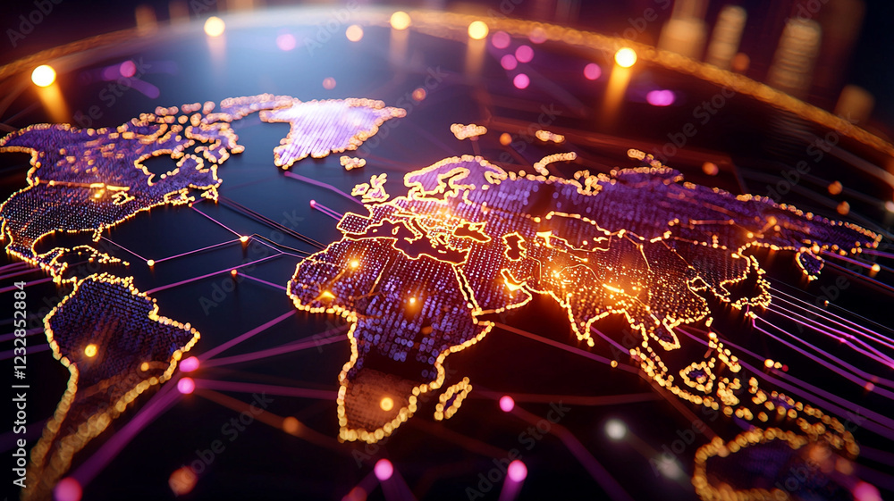 Poster a detailed digital map of the world illuminated with bright nodes and network connections, showcasin