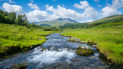 Highland stream flows towards mountains under blue sky