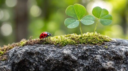 Ladybug crawling mossy rock, clover, forest background, nature scene