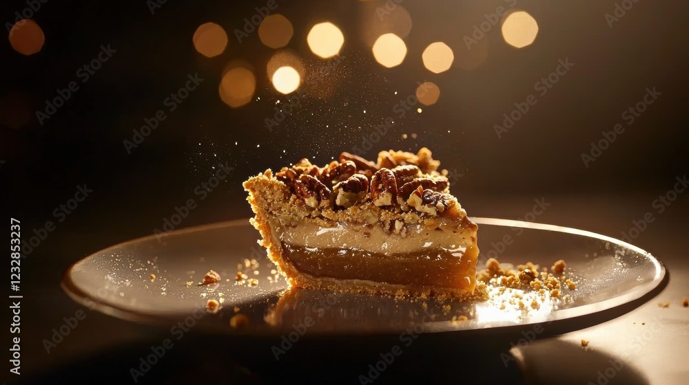 Poster slice of pie on a glass plate. the pie has a golden brown crust and is topped with chopped pecans. t