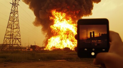 Massive industrial fire witnessed through a smartphone