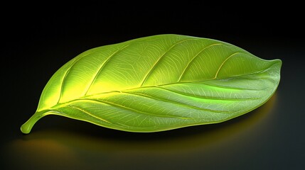 Fototapeta premium Glowing Green Leaf Isolated on Black Background