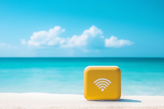 Bright yellow WiFi symbol on sandy beach with turquoise water and blue sky, creating a relaxing summer atmosphere, remote work concept