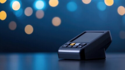 portable credit card reader on a counter with bokeh lights in the background
