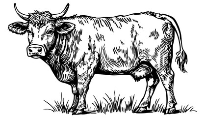 Artistic Cartoon Cow Line Art High-Quality Monochrome Design, Sketch, No Background 