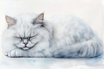 Gentle Watercolor Illustration of a Sleeping Persian Cat