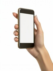 A person holding a mobile phone with a blank screen. PNG