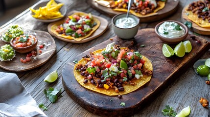 Aromatic Fiesta: A vibrant, close-up shot of a  delicious-looking  pulled jackfruit tacos topped with a mix of fresh ingredients, served on a rustic wooden board.