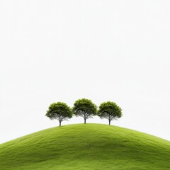 three trees on a green hill against a white background