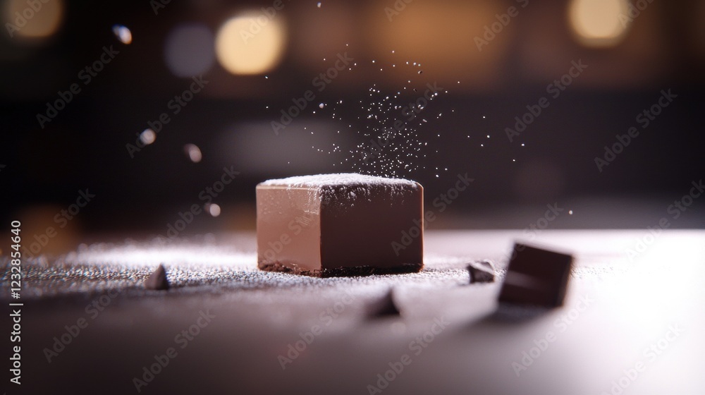 Poster small square-shaped chocolate bar on a wooden surface. the chocolate bar is covered in a light dusti