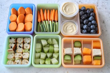 Healthy Lunchbox: A colorful spread of healthy snacks in a partitioned lunchbox, perfect for kids or adults looking for a nutritious and delicious meal on the go.