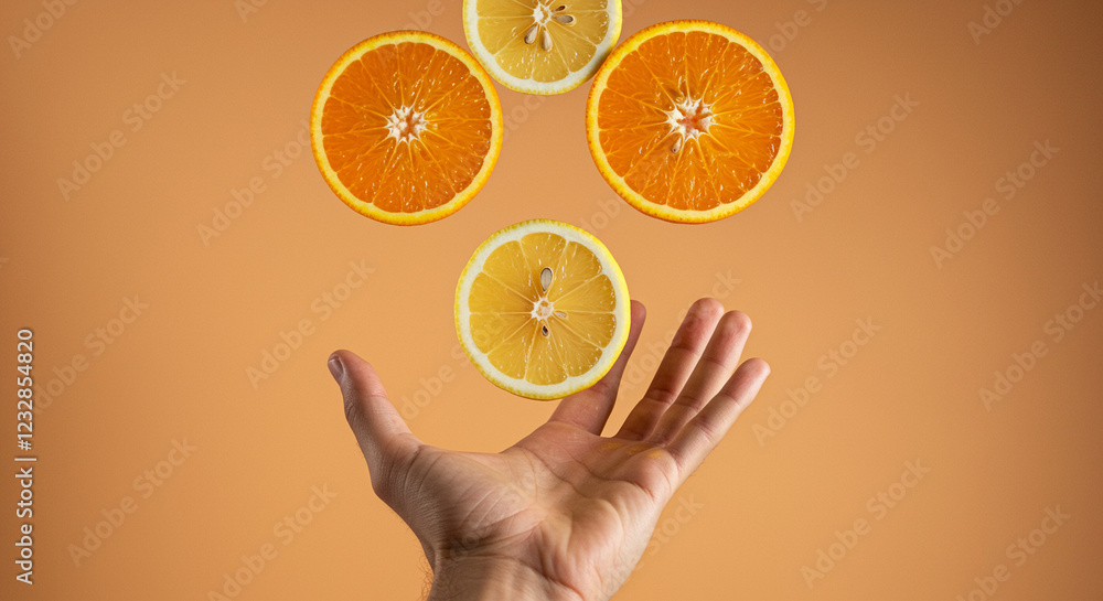Poster citrus slices juggling in hand. orange and lemon slices floating above hand. fruit juggling on orang