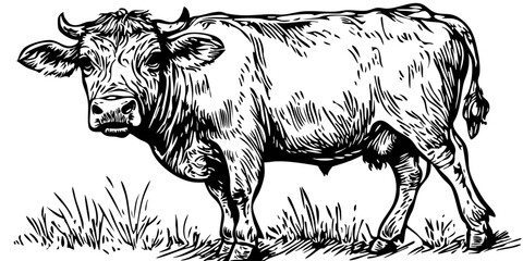 Black-and-White Cartoon Cow Precision and Detail in Illustration, Sketch, No Background 