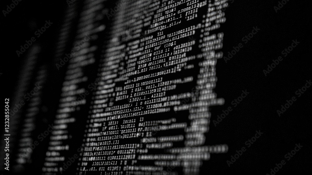 Poster White Code Lines On Black Background Displaying Binary Data