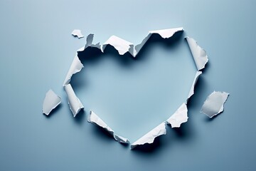 A heart-shaped collage made of torn paper against a blue background, symbolizing the brokenness and healing in love.