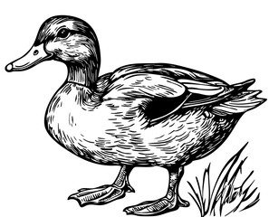 Black-and-White Cartoon Duck Precision and Detail in Illustration, Sketch, No Background 