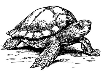 Black-and-White Sea Turtle Precision and Detail in Illustration, Sketch, No Background 