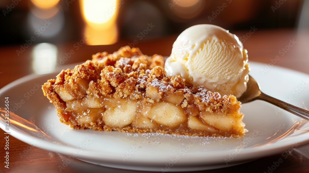 Poster slice of apple pie on a white plate with a scoop of vanilla ice cream on top. the pie has a golden b
