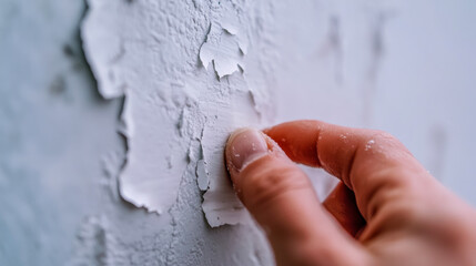 Peeling paint reveals textured wall surface in home renovation process during daylight hours