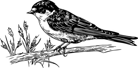 Black-and-White Swallow Precision and Detail in Illustration, Sketch, No Background 