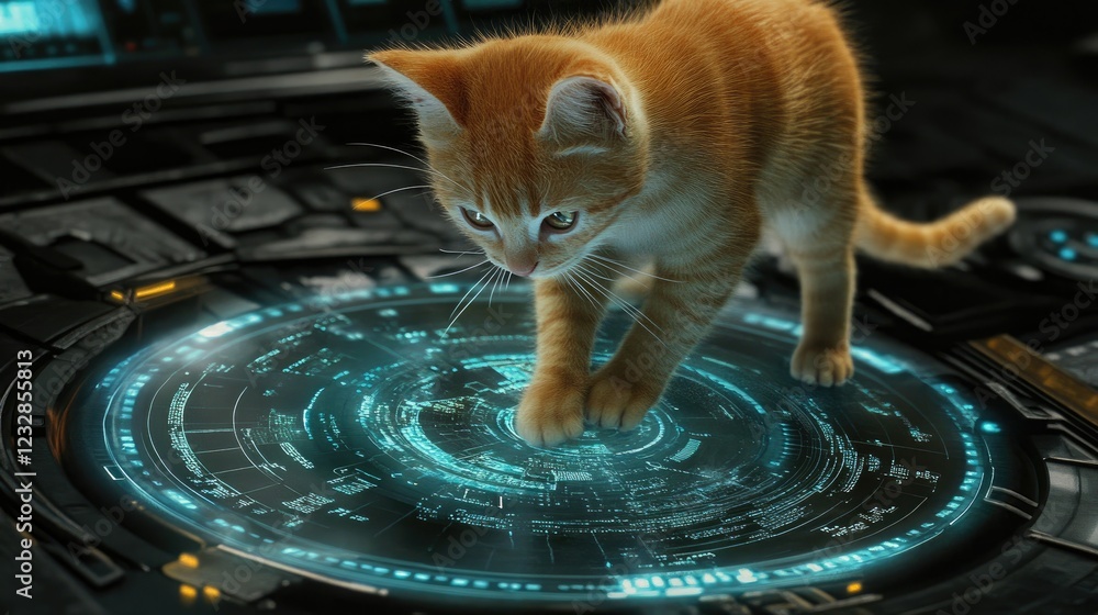 Poster ginger kitten interacts with futuristic technology interface