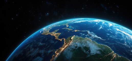 Obraz premium Earth from space, night view, Americas, starry background, global concept
