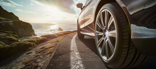 Luxurious Sedan on Scenic Coastal Highway at Sunset for Travel and Automotive Design