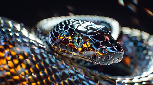 Metallic Snake Glows, Dark Background, 3D Render, Fantasy Art