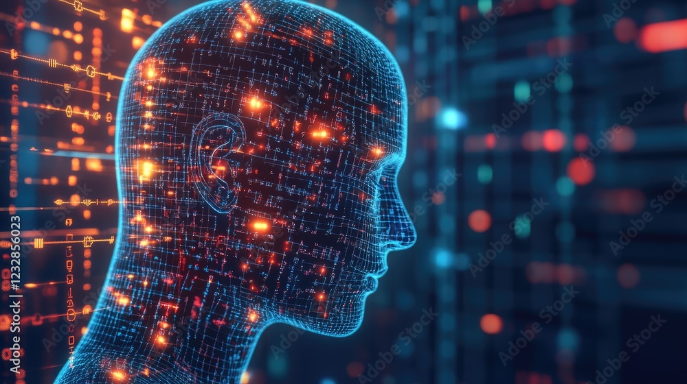 Poster Digital Head Illuminated By Data Streams And Code