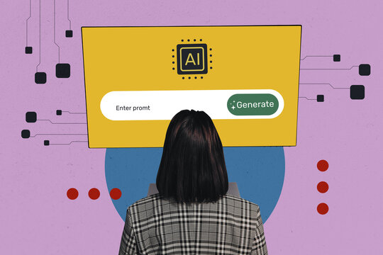 Composite trend artwork sketch image collage of businesswoman young lady work internet webpage ai bot generate data simulation technology - Powered by Adobe