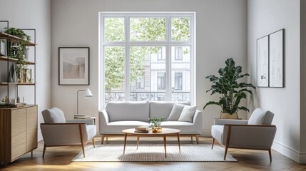 Fototapeta premium A simple Scandinavian living room has a sofa, two armchairs, a shelf, a drawer, and a coffee table with art on a hardwood floor. There's a big window that lets in a lot of light.