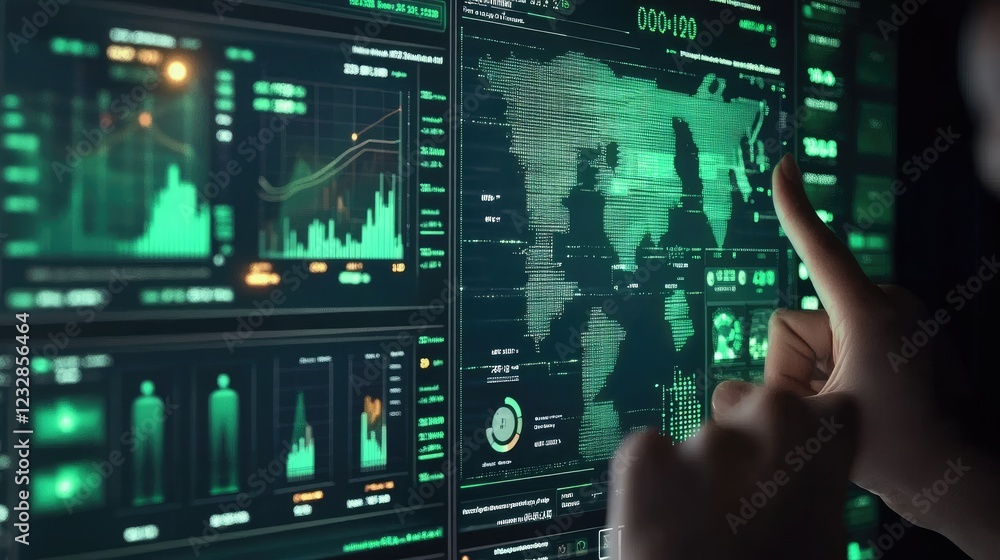 Poster Green digital interface displays global data and graphs