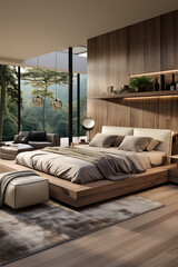 A modern bedroom with warm wooden tones, a sleek platform bed, soft neutral bedding, floating shelves with decor, and floor-to-ceiling windows overlooking a lush forest view.