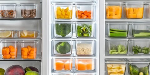 Organized Refrigerator with Fresh Produce: A meticulously organized refrigerator showcasing an array of freshly cut vegetables and fruits neatly stored in transparent containers.
