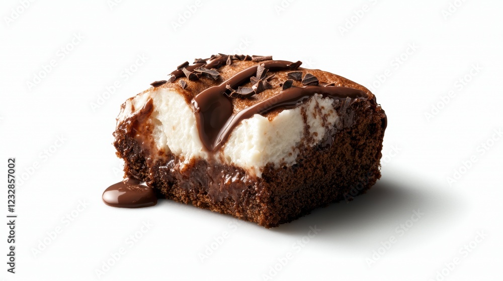 Poster close-up of a slice of cake. the cake appears to be a chocolate cake with a layer of white cream on 
