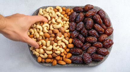 Obraz premium Hand Reaching for Mixed Nuts and Dates on a Tray