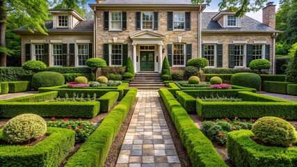 Obraz premium Creating a symmetrical hedge garden design residential landscape guide to planting and care outdoor space homeowner perspective