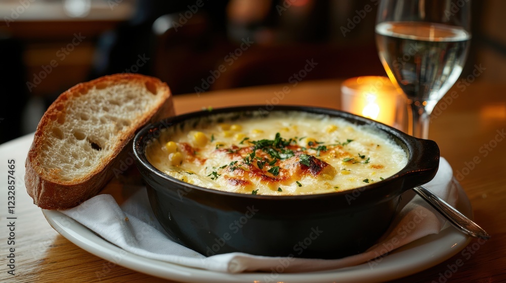 Poster bowl of soup on a white plate with a slice of bread on the side. the soup appears to be a creamy yel