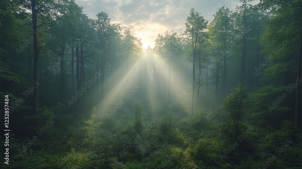 Poster sunlight filtering through dense forest canopy creates a serene atmosphere in a tranquil woodland se