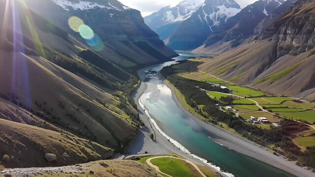flight over the mountain valley of the Multa river in Altai