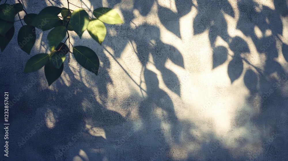 Poster leafy shadows dance on a wall, sunlight filters through, creating a vibrant, dappled display. a natu
